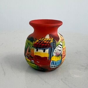 Vintage Mexican Folk Art Hand Painted Clay Vase Village Scene Small Pottery 2.5"
